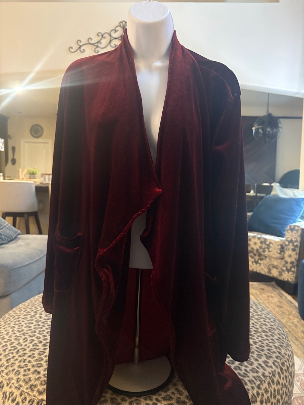 Plush Velvet Open-Front Robe in Deep Burgundy by